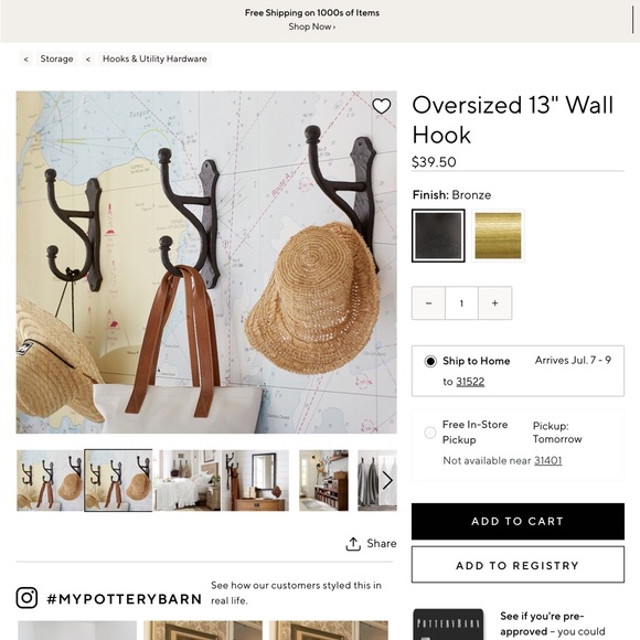 Pottery Barn Bronze Wall Hook oversized